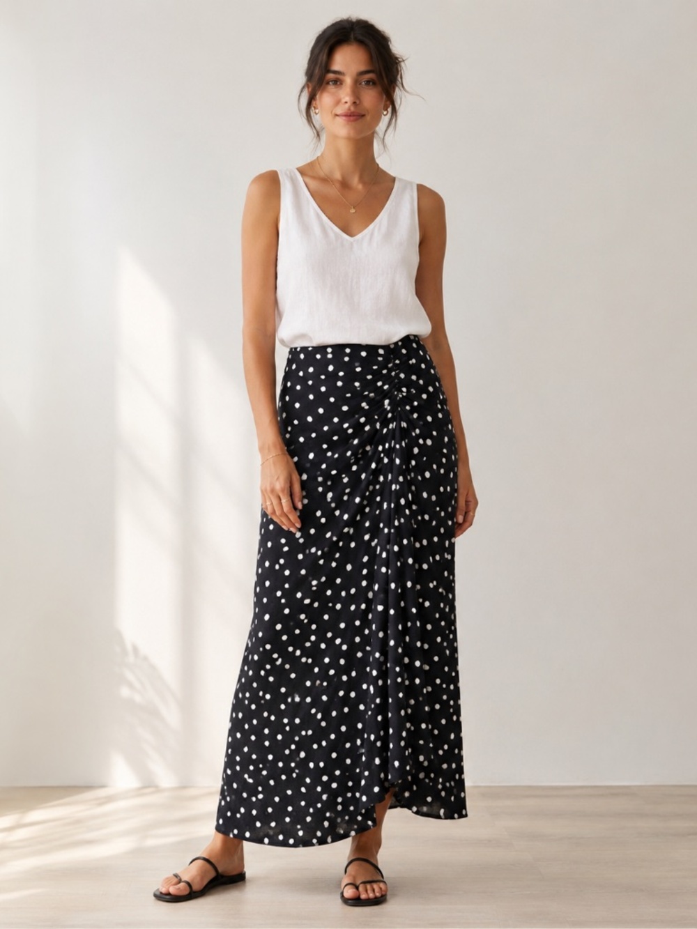 🖤 Zara Black and Silvery White Spots Satin Maxi Skirt M